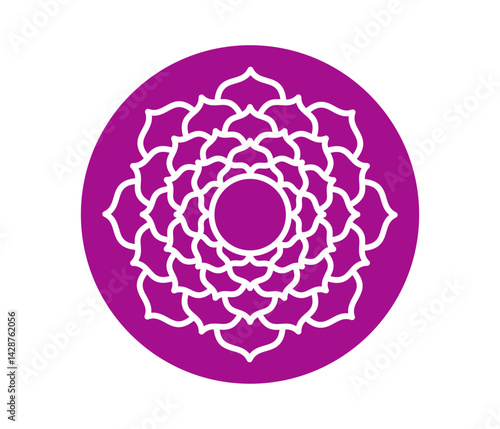 Sahasrara chakra icon. Seventh crown chakra. Line symbol in purple circle. Sacral sign. Vector illustration on white background
