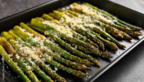 roasted asparagus with garlic and parmesan on a baking tray a close up shot of baked asparagus spears with garlic and parmesan served on a black baking tray showcasing a delicious and healthy side