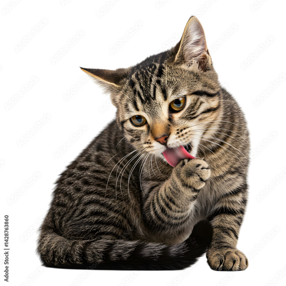 Fototapeta premium Cute Tabby Cat Licking Front Paw