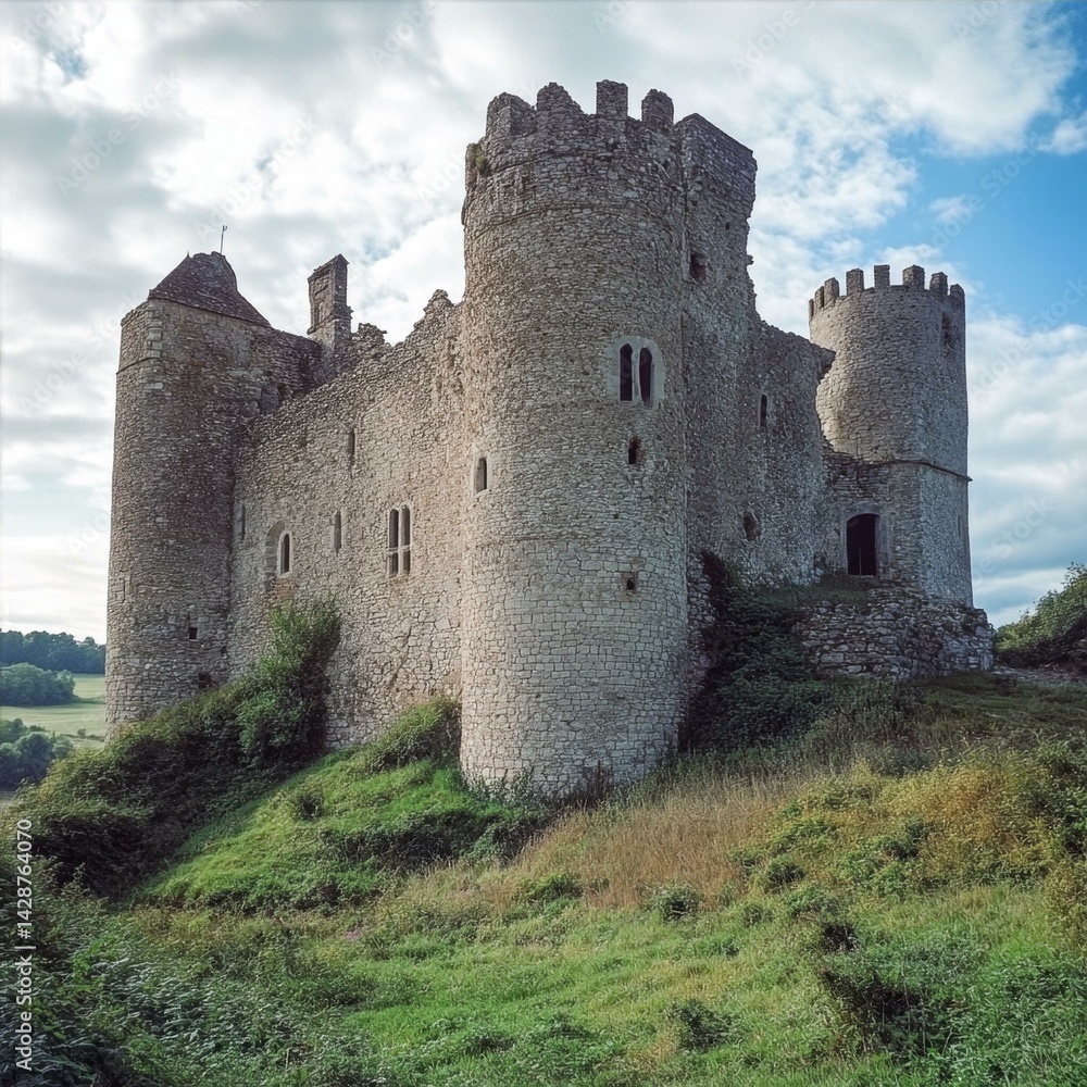 Ancient Medieval Stone Castle Fortress Ruins Perched High Upon Grassy Hillside in Rural Landscape Ancient Medieval Stone Castle Fortress Ruins Perched High Upon Grassy Hillside in Rural Landscape