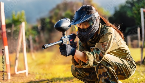 paintball player wearing protective gear and aiming down the sight of their marker during a fast paced game