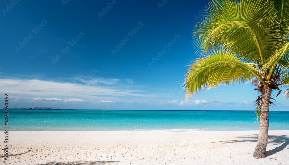 Obraz premium palm tree on a white sand beach and blue sea sunny day summer and vacation concept