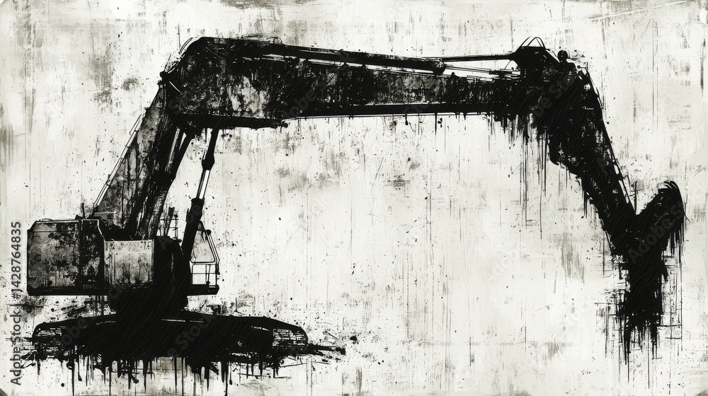 Fototapeta premium Black and white silhouette of a large construction excavator with detailed mechanical arm in a rugged industrial setting on textured background