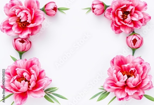 Heart-shaped frame of watercolor pink peonies on white, copy space, pretty, vibrant