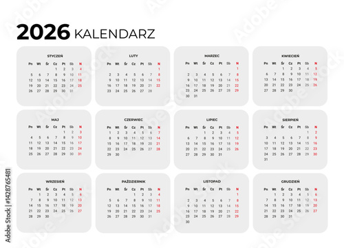 Calendar 2026 in Polish language. Vector template