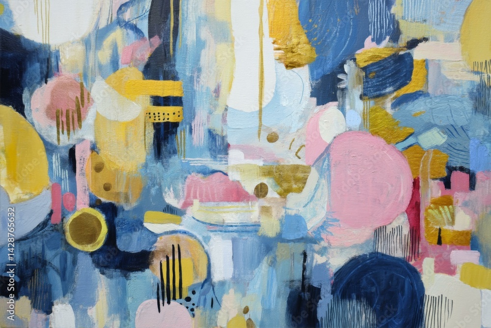Fototapeta premium Colorful Abstract Art Painting With Yellow Pink and Blue Tones Creating a Dreamy Artistic Atmosphere