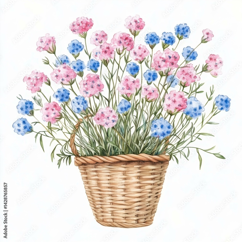 Obraz premium Captivating Watercolor Painting of Flowers in a Woven Basket with Pink and Blue Delicate Blooms