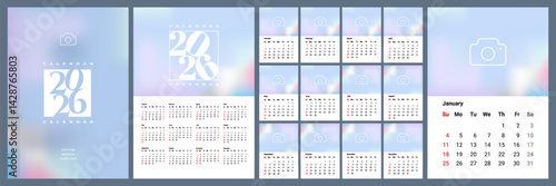 Monthly vertical calendar template for 2026 year with week start Sunday. Corporate design layout for print, wall calendar, digital calendar. Suitable for A3 A4 A5 format.