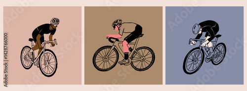 People in helmets, sport suits riding bicycles. Various positions. Cyclists in movement set. Ride, cycling, bicycle, sport concept. Hand drawn modern Vector illustration. Isolated design elements