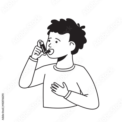 A boy treats his asthma with an inhaler.