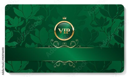 Green and gold luxury premium VIP card with crown, floral pattern for club members only, casino, invitation. Vector illustration