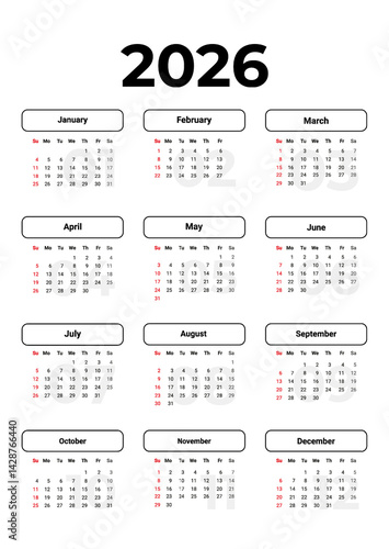 Calendar 2026 with week start Sunday. Vector corporate design layout for print, wall calendar, digital calendar. Suitable for A3 A4 A5 format.