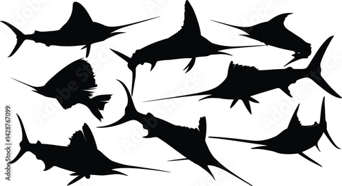A monochrome silhouette composition featuring multiple sailfish in various orientations and positions