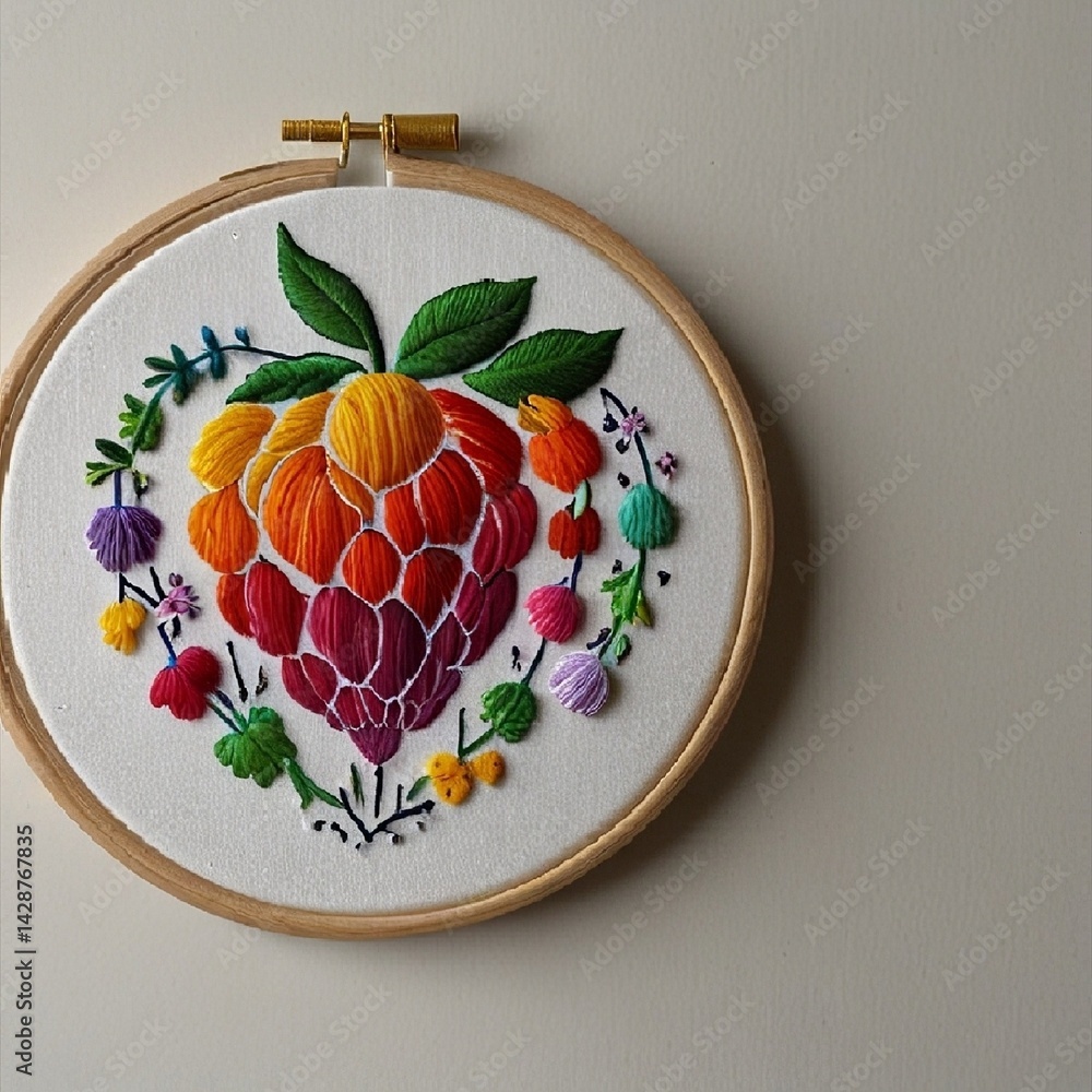 A wooden embroidery hoop holds white fabric decorated with intricate floral embroidery. AI generated.