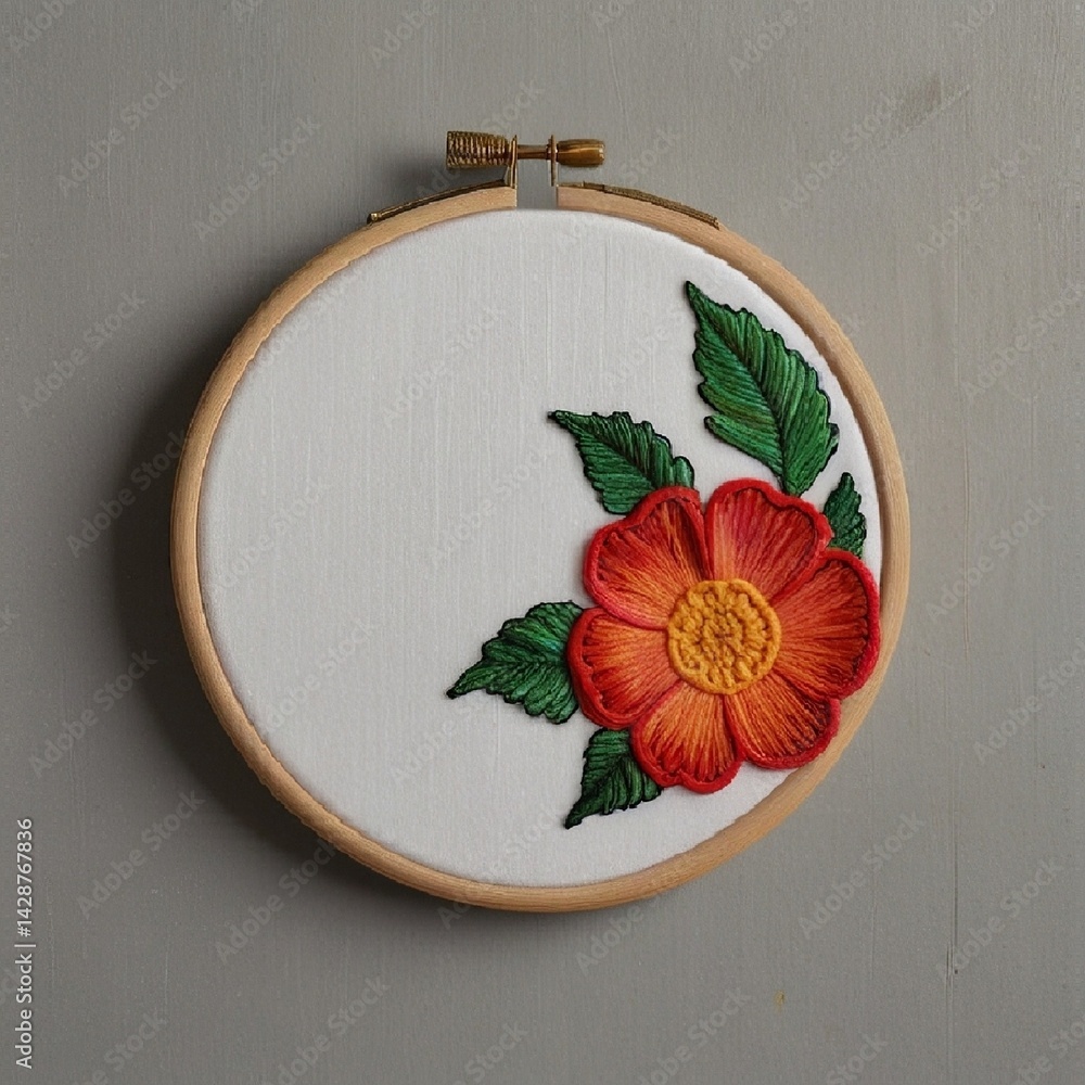 A wooden embroidery hoop holds white fabric decorated with intricate floral embroidery. AI generated.