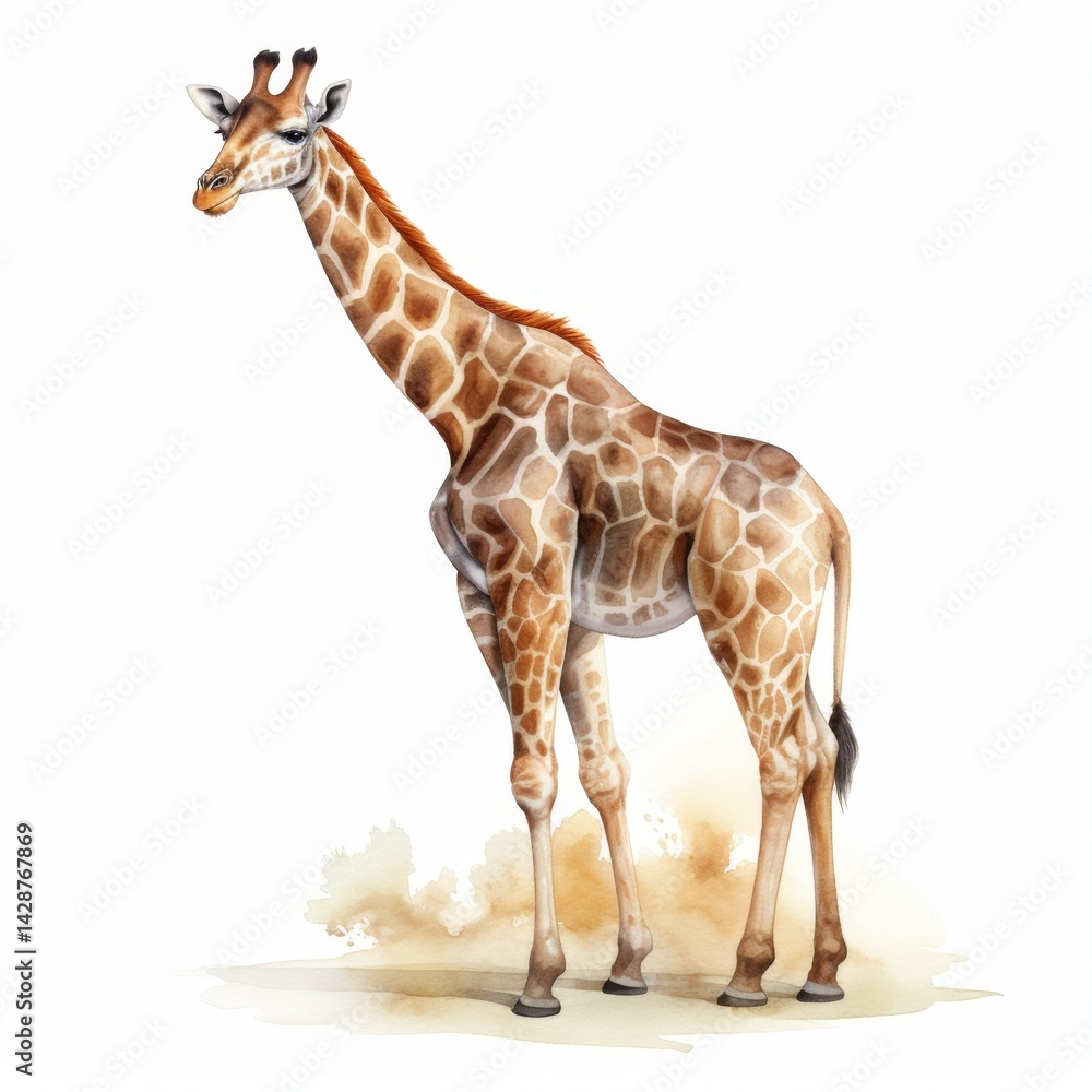 Obraz premium Elegant Giraffe Portrait Wildlife Animal Mammal Standing Gracefully in the Savanna Watercolor Style