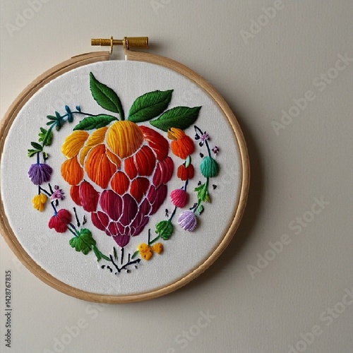 Obraz na płótnie A wooden embroidery hoop holds white fabric decorated with intricate floral embroidery. AI generated. w salonie