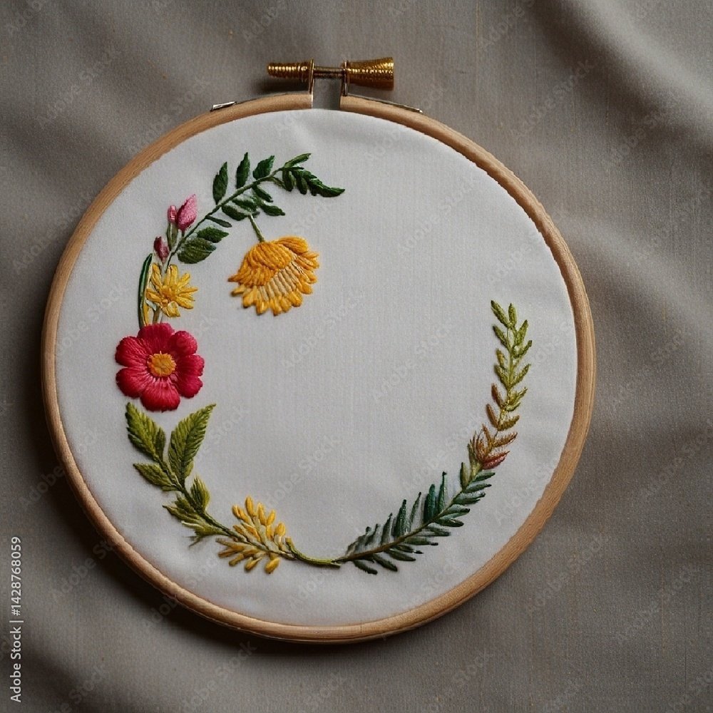 A wooden embroidery hoop holds white fabric decorated with intricate floral embroidery. AI generated.
