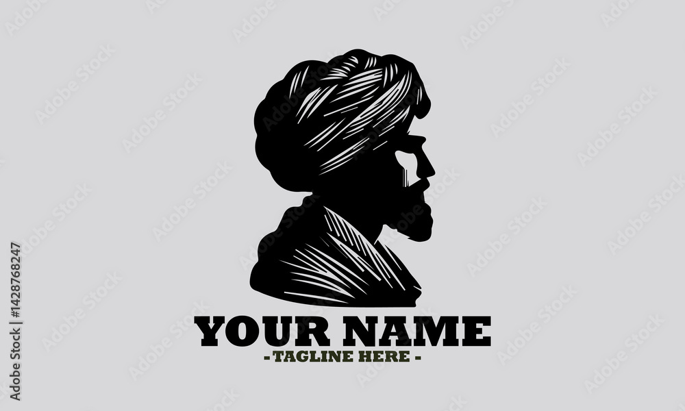 Fototapeta premium Elegant monochromatic silhouette portrait of a Sikh man in profile, featuring a neatly tied turban and a distinguished beard. man wearing a turban vector illustration and logo man wearing a turban