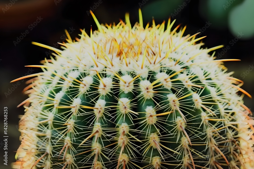Close-up Detailed Green Cactus with Golden Spines Close-up Detailed Green Cactus with Golden Spines