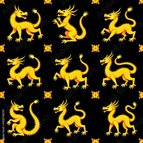 A seamless pattern of golden Thai mythical creatures (singha, garuda, naga) in stylized silhouette on black   tile