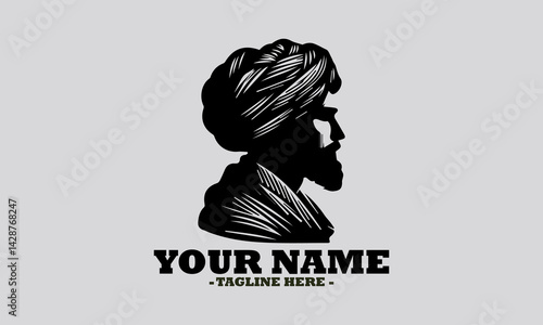 Elegant monochromatic silhouette portrait of a Sikh man in profile, featuring a neatly tied turban and a distinguished beard. man wearing a turban vector illustration and logo man wearing a turban