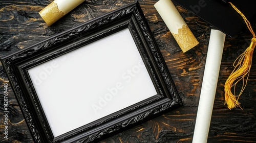 Blank black picture frame on dark wooden surface with graduation cap and rolled diplomas ready for celebration of academic achievement and success