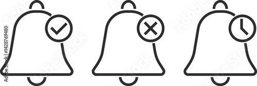 notification icon with check mark, cross mark icon. bell icon for notifications or alerts. reminder alert sign. Alarm symbol
