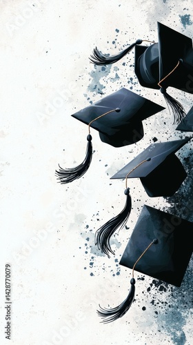 Black graduation caps with tassels tossed in the air creating a joyful celebration against a textured white background with blue watercolor splashes