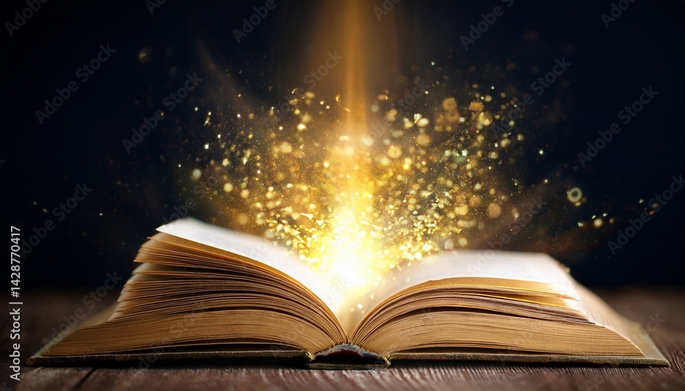 open magic book spreading golden light and fairy dust particles in the dark open magic book spreading golden light and fairy dust particles in the dark