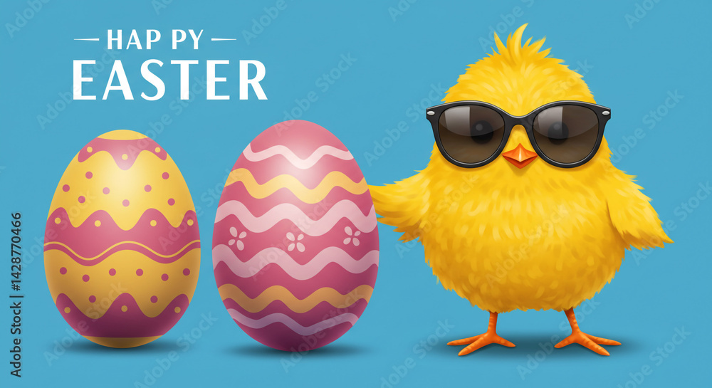 Naklejka premium Cartoon Yellow Chick and Easter Eggs with Happy Greeting