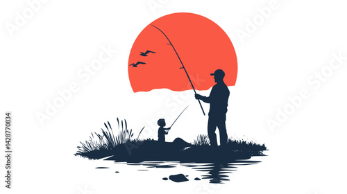Father and son fishing at sunset with red sun background
