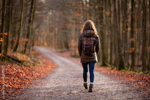 Rear view tourist woman with backpack walking on forest eco path on autumn cold day in warm clothes