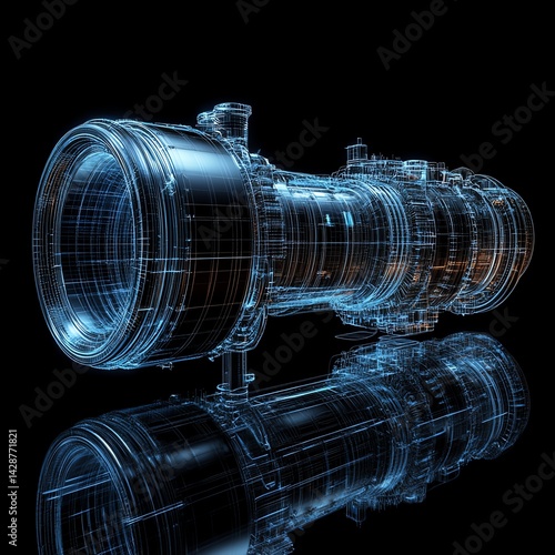 Wireframe rendering of turbojet engine and mirrored physical body on black background. Digital twin concept. 3D rendering image.
