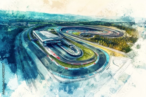 High Angle View of Motor Racing Circuit Track and Pit Buildings in a Watercolor Style Artwork