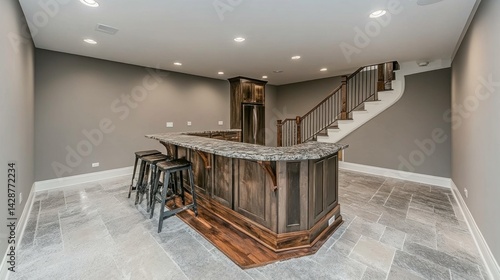Modern, dark wood bar area in a finished basement.