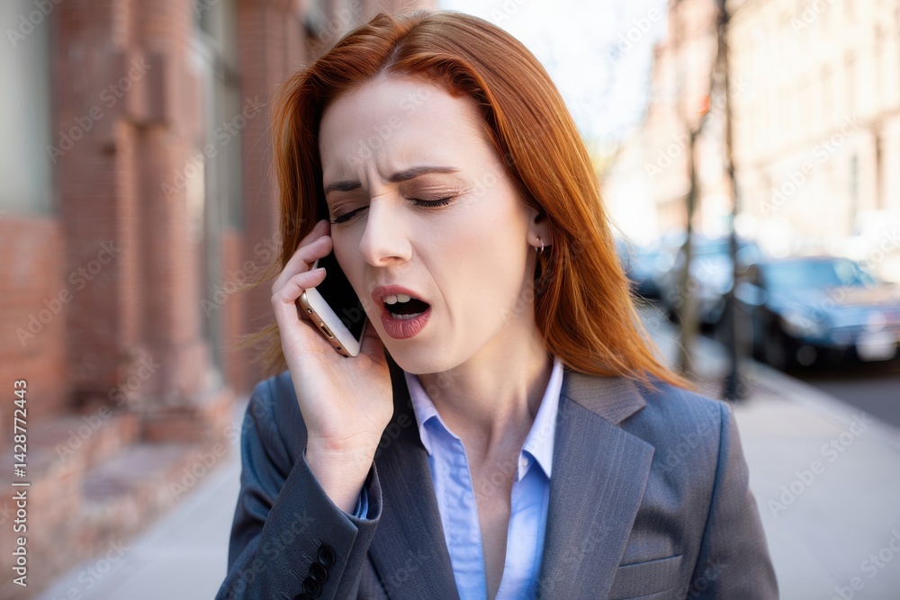 pale week red-haired businesswoman coughing, calling ambulance