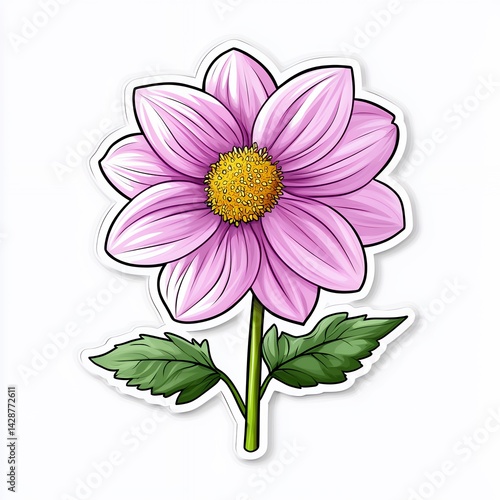 Light Pink Dahlia Flower Illustration with Yellow Center and Green Leaves