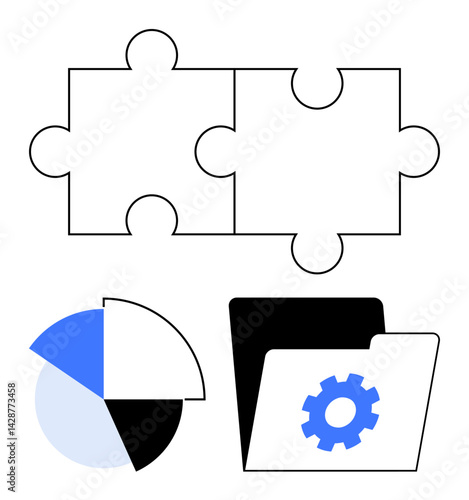 Two puzzle pieces joined together, pie chart in black, blue, and white, folder with gear. Ideal for problem solving, teamwork, strategy, data analysis system management organization