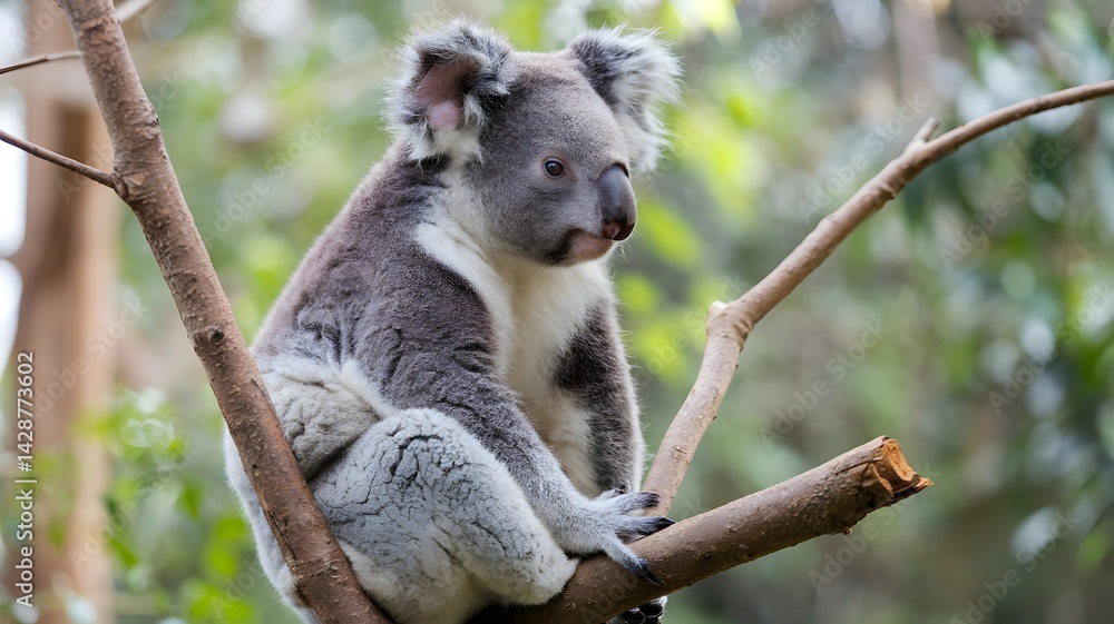 Naklejka premium A koala perched on a tree branch in its natural habitat. The koala sits comfortably on the tree