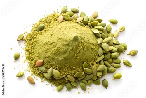 Cardamom powder and seeds, a healthy spice blend.