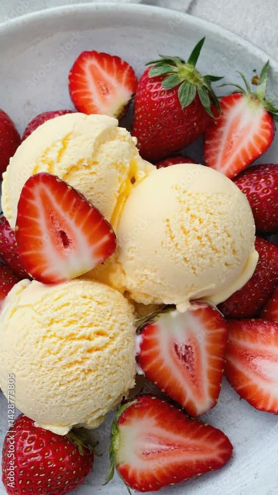 Overhead view of a bowl with yellow ice cream scoops and sliced fresh red strawberries, creating a vibrant and appetizing dessert scene. Overhead view of a bowl with yellow ice cream scoops and sliced fresh red strawberries, creating a vibrant and appetizing dessert scene.