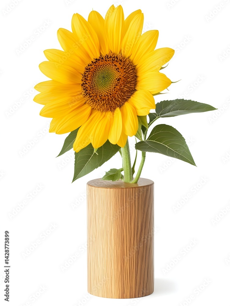 Obraz premium Single vibrant sunflower in a simple wooden vase against a white background