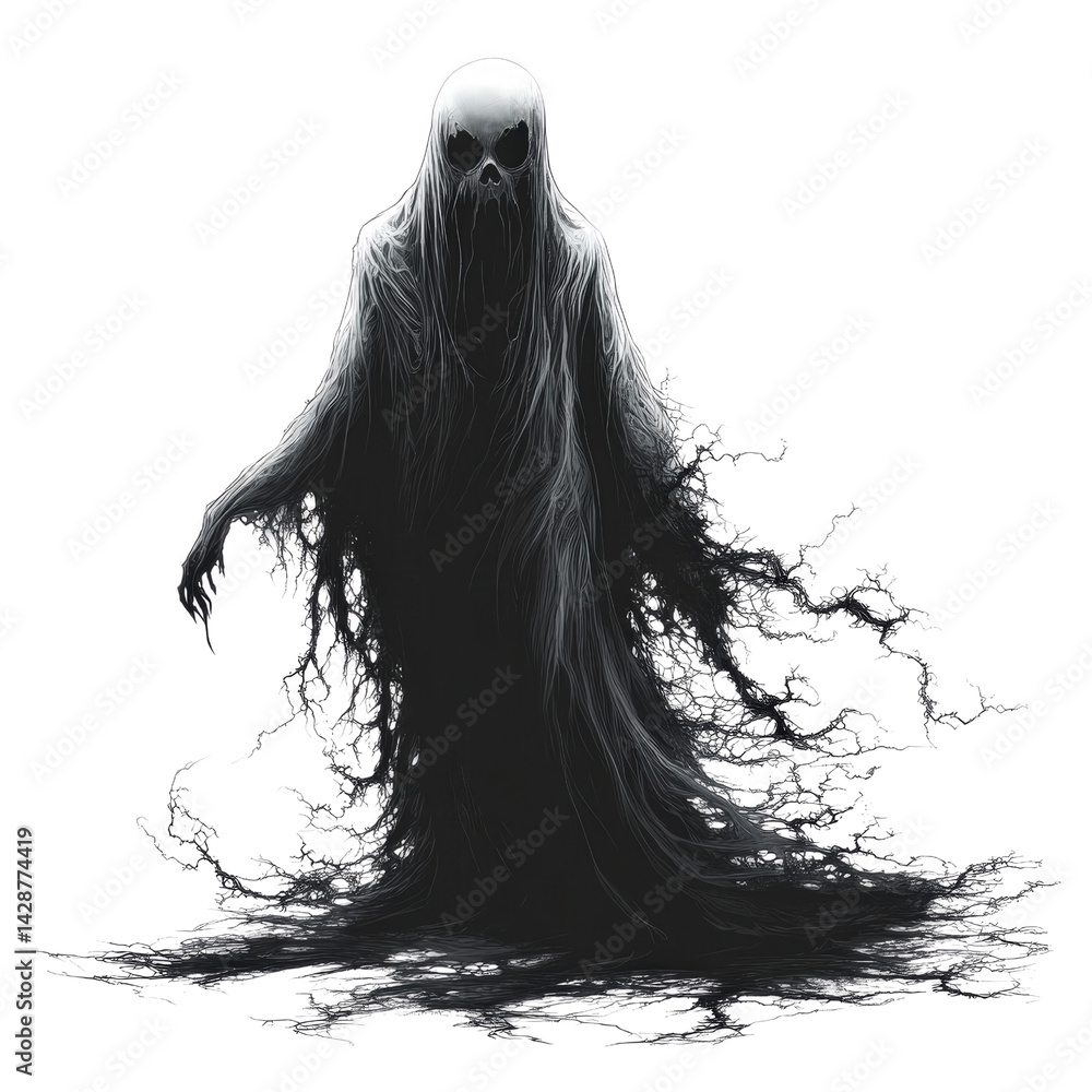 Fototapeta premium Ethereal Specter: A spectral figure cloaked in shadowy tendrils, their face obscured by a ghostly visage, evokes an unsettling sense of mystery and the unknown. 