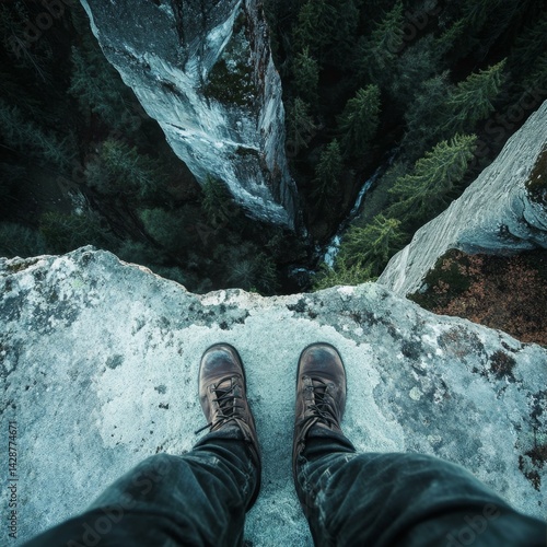 Perilous Cliffside Stance Adventure Outlook Serenity Amidst Rocky Mountain Peaks and Evergreen Forests