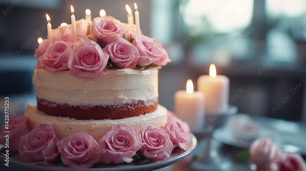 Two-tiered cake decorated with pink roses and candles Two-tiered cake decorated with pink roses and candles