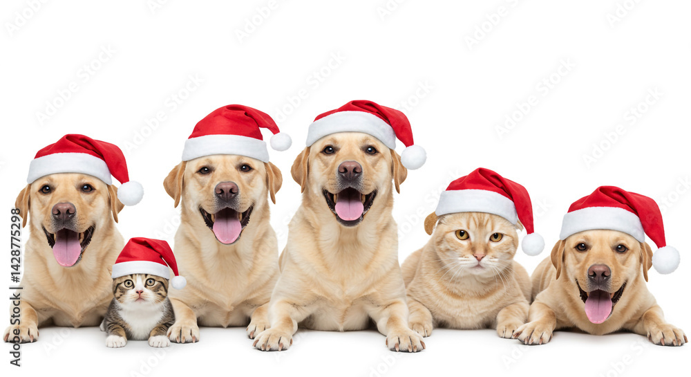 Festive Row of Dogs and Cat in Santa Hats Festive Row of Dogs and Cat in Santa Hats