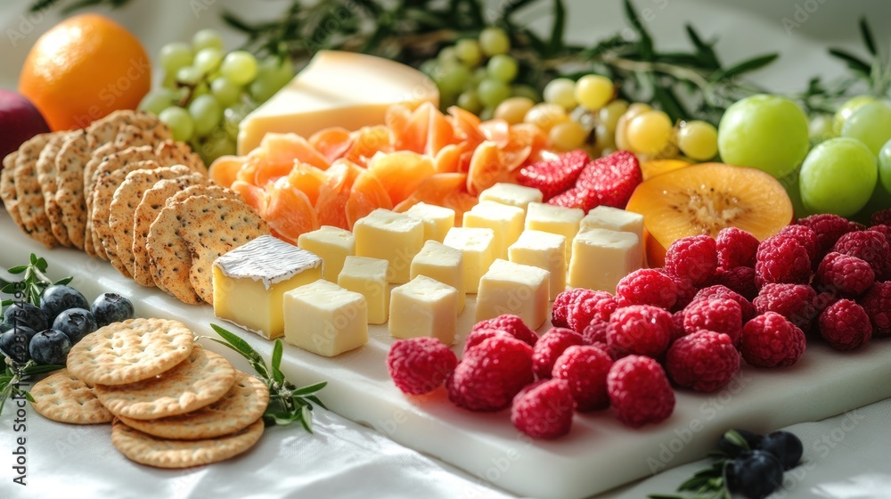 Assortment of cheese crackers fruits and berries on a white board. Assortment of cheese crackers fruits and berries on a white board.