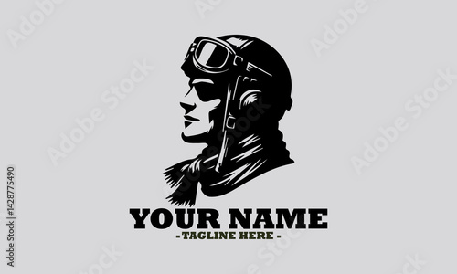 Classic monochromatic silhouette portrait of a pilot wearing a retro helmet, goggles, and scarf, in profile view. pilot wearing a retro helmet vector illustration and logo pilot wearing a retro helmet