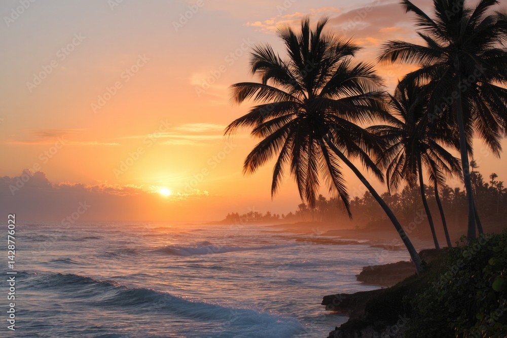 Fototapeta premium Tropical beach sunset with palm trees and ocean waves